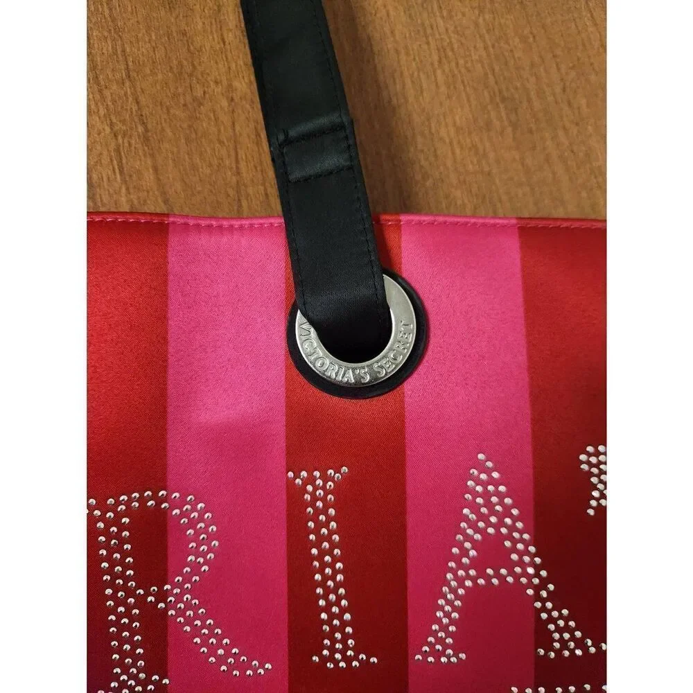 Victoria Secret Rhinestones Pink Red Vertical Stripe Large Tote Bag Weekender